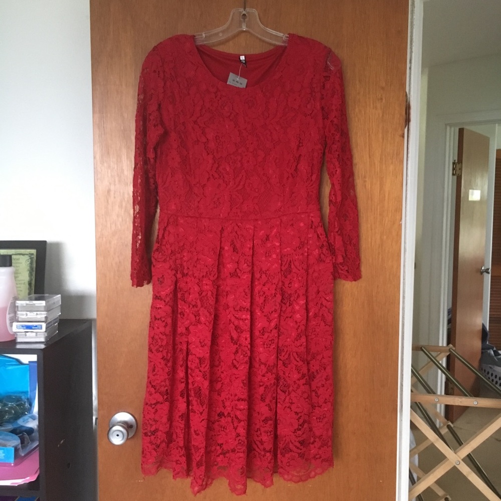 Dark red lace knee length dress M